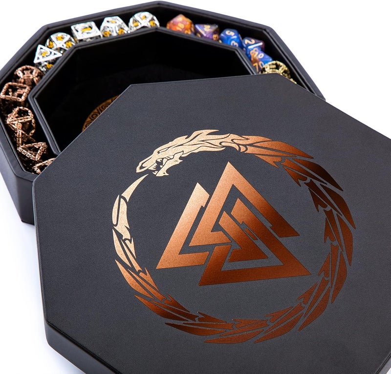 Soar Forge Dice Tray for DND and RPG - Beautiful Copper Valknut and Dragon 9 Inch Rolling Tray Compatible with Dungeons and Dragons and Tabletop RPGs - Box Storage to Protect Dice - Image 1